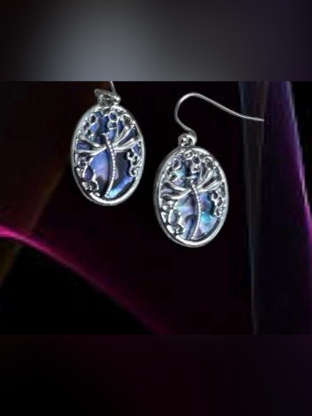 Unique Dragonfly Oval Drop Earrings with Purple & Blue Background